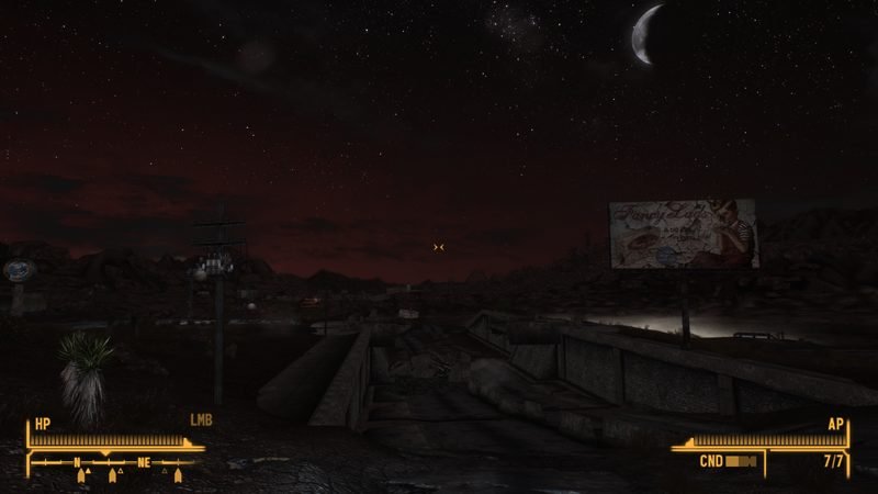 A crescent moon and stars over a ruined overpass with a lit billboard